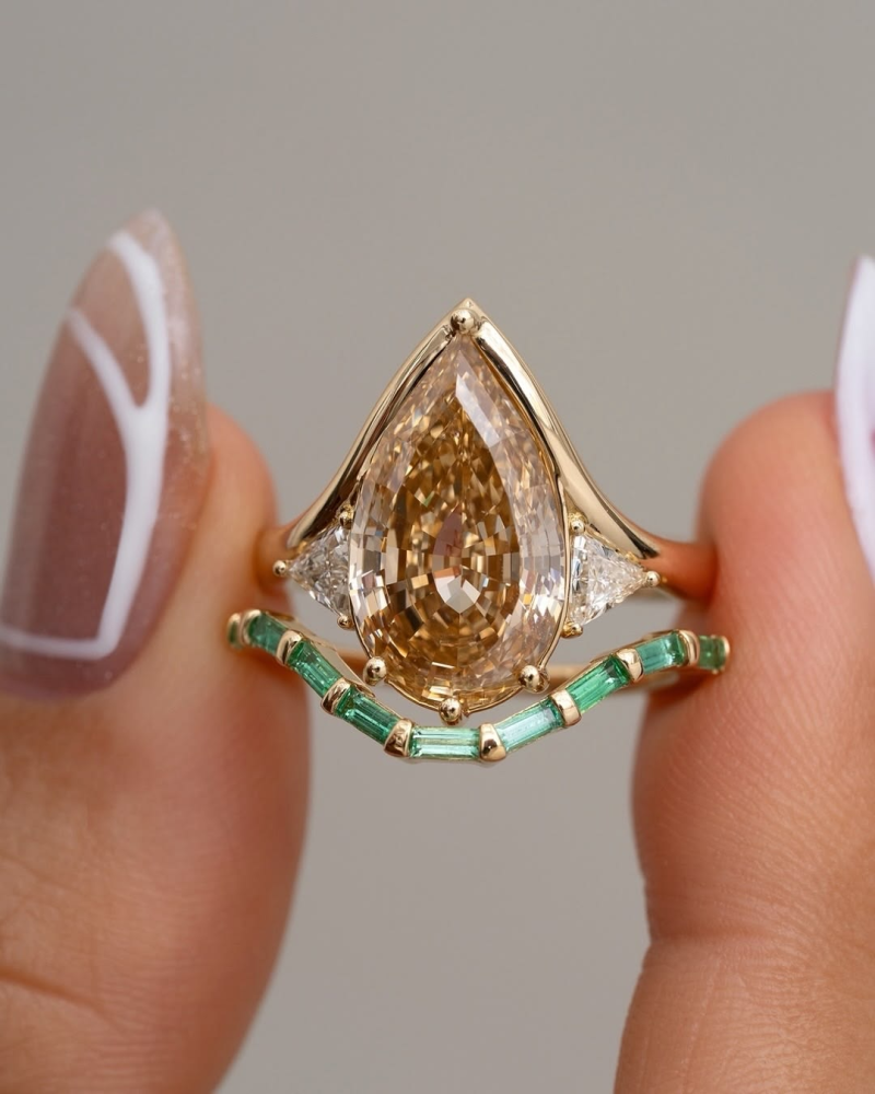 Champagne colored step cut pear diamond engagement ring - unique.