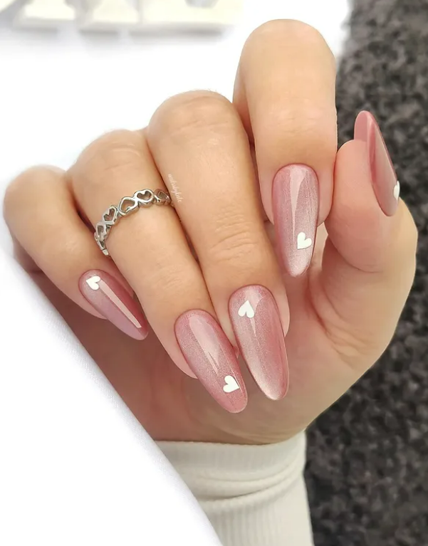 Pink glass nails with hearts Valentine's Day Nails