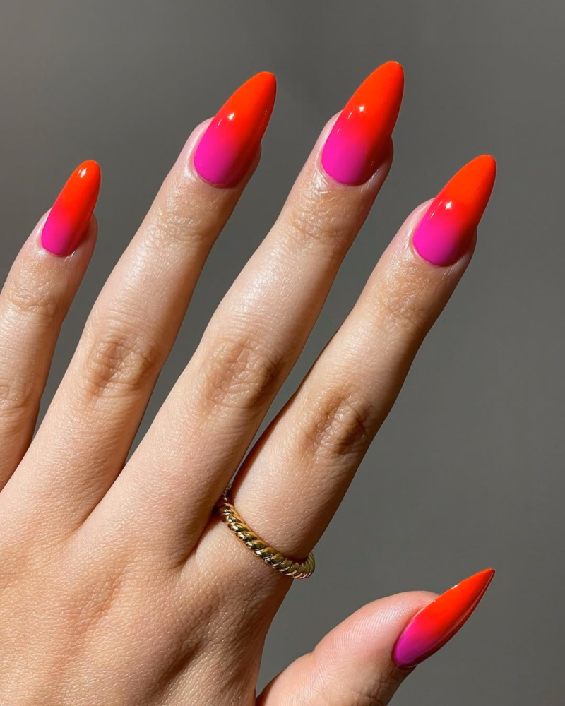 ombre-red-and-pink-almond-nails