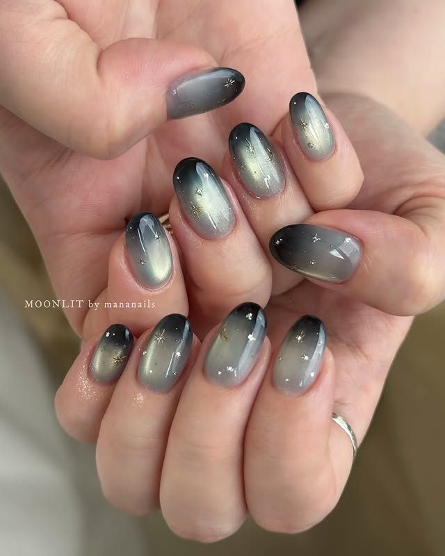 Black and gray ombre glass nails for fall. Fall acrylic nails designs Black and gray ombre glass nails for fall. Fall acrylic nails designs. Celestial ombre nails.
