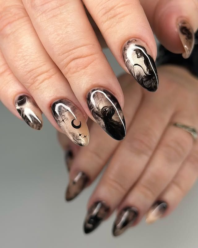 Black cat fall nail art. Fall glass acrylic nails Black cat fall nail art. Fall glass acrylic nails