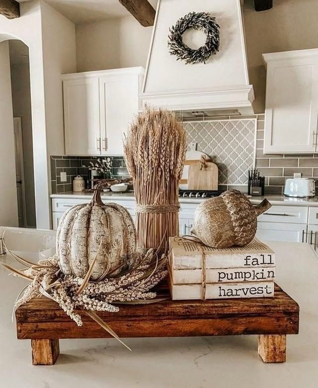 Fall farmhouse kitchen decor. Autumn kitchen counter decorating ideas.