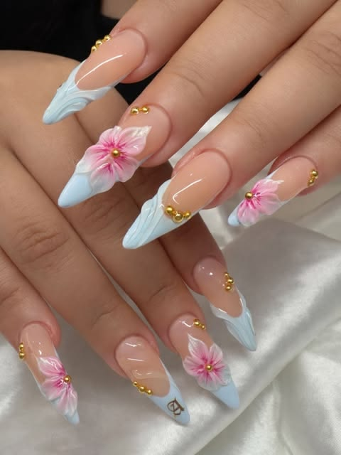 3d acrylic summer flower nails for summer vacation.