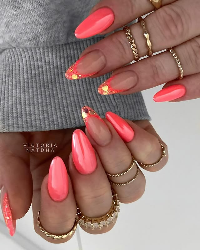 Bright coral acrylic summer vacation nails