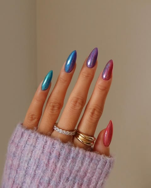 Colorful chrome summer vacation nails.