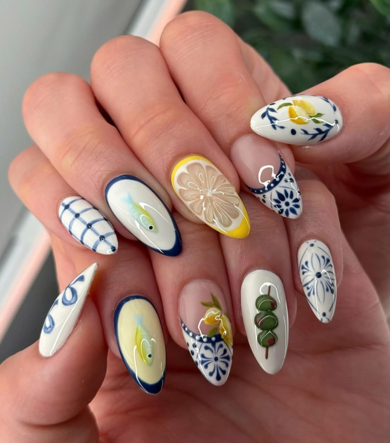 European summer vacation acrylic nail art.