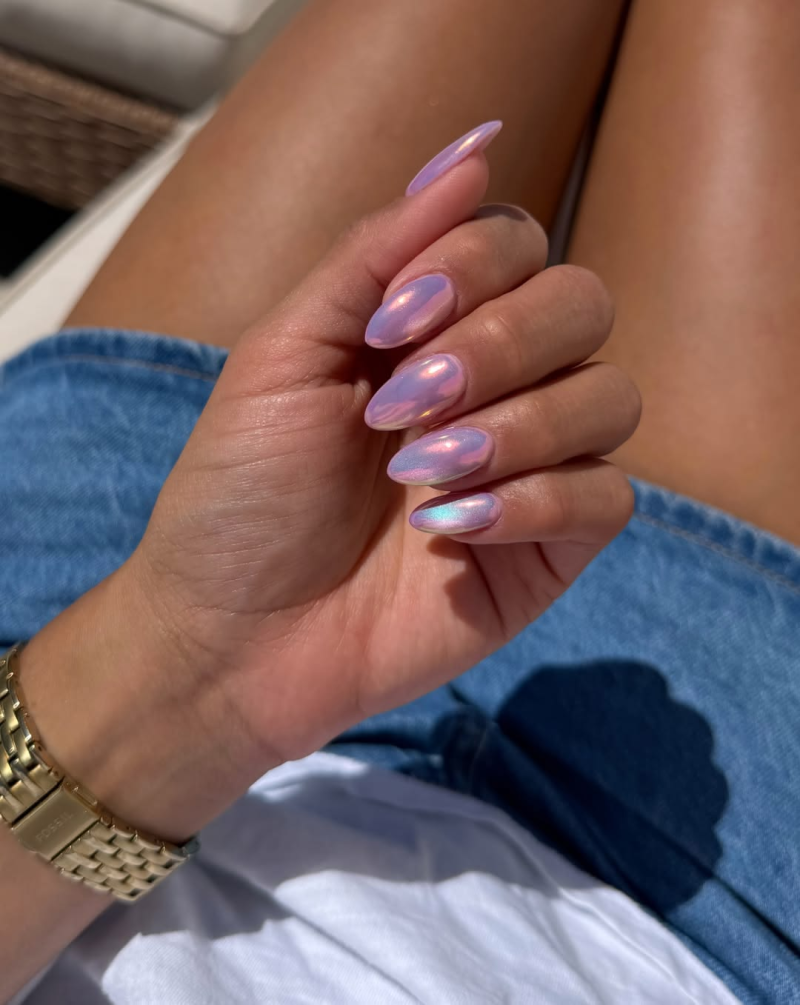 Lavender glazed summer vacation acrylic nails.