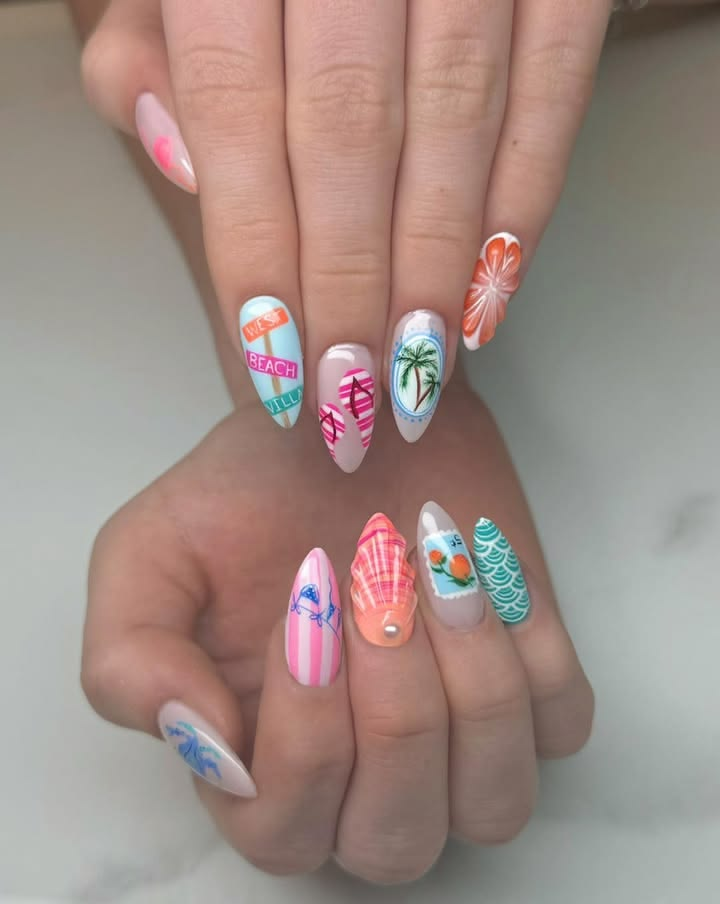 Summer acrylic beach nail art.