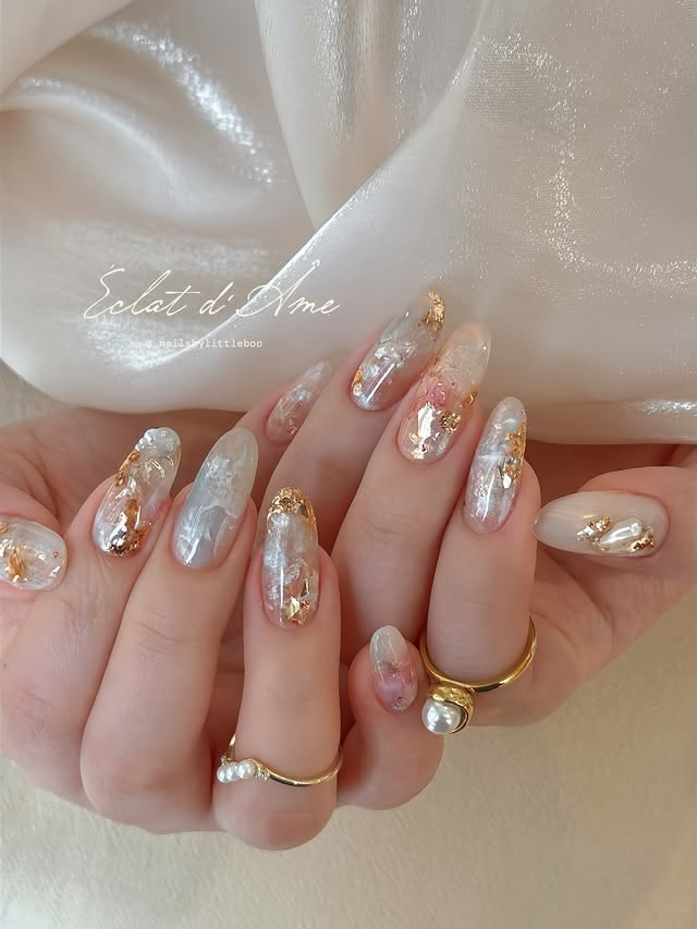 Marbled almond acrylic bridal nails. acrylic-marbled-bridal-nails-almond