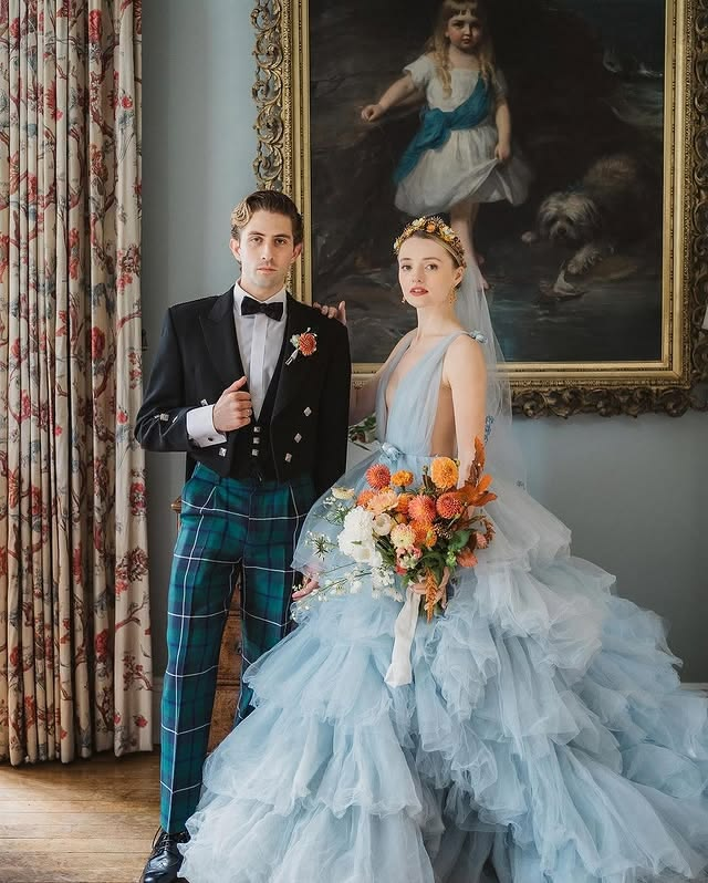Light blue tulle colored wedding dress. Light blue tulle colored wedding dress.