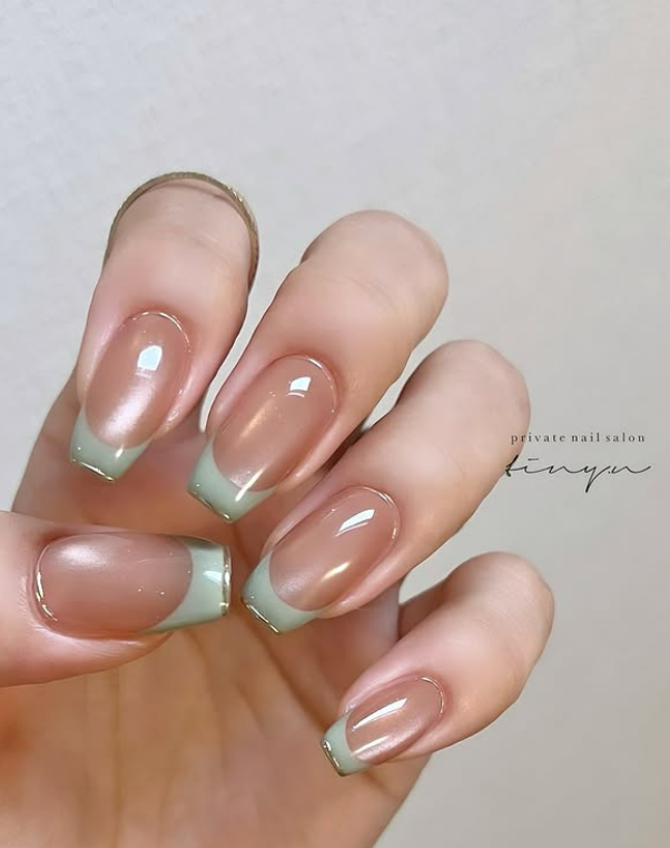 Nude nails with green French tip. Korean jelly nails. Korean glass coffin nails for spring summer.