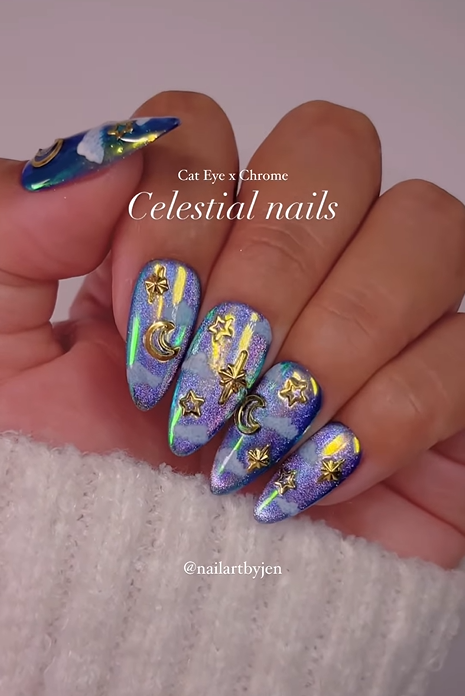 Blue and gold celestial nails design
