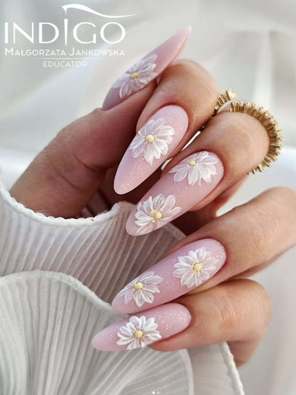 Pink nails with white flowers for spring summer nails