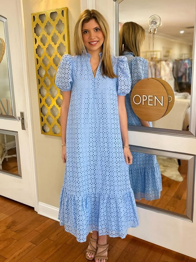 Blue summer eyelet dress outfit.