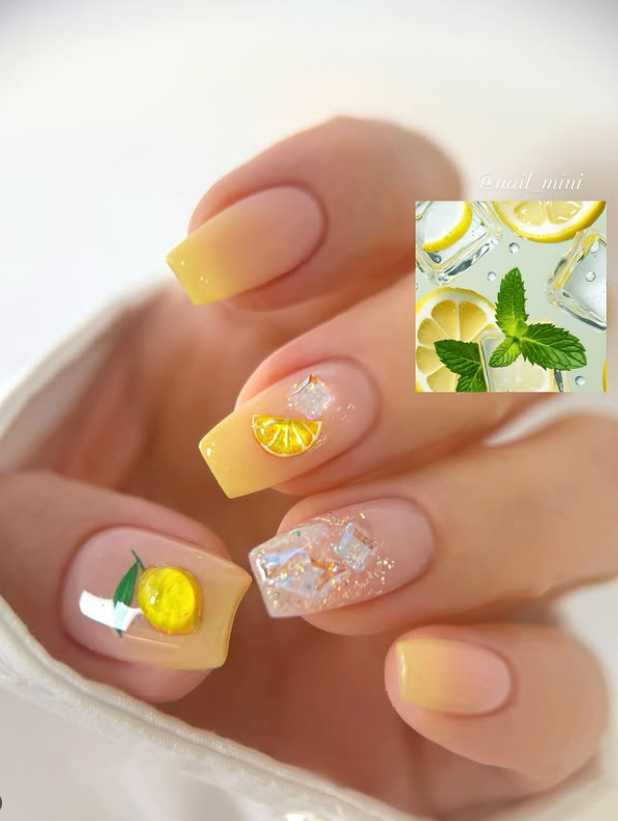 Korean jelly nails lemons summer nail art with fruit Korean jelly nails lemons summer nail art with fruit