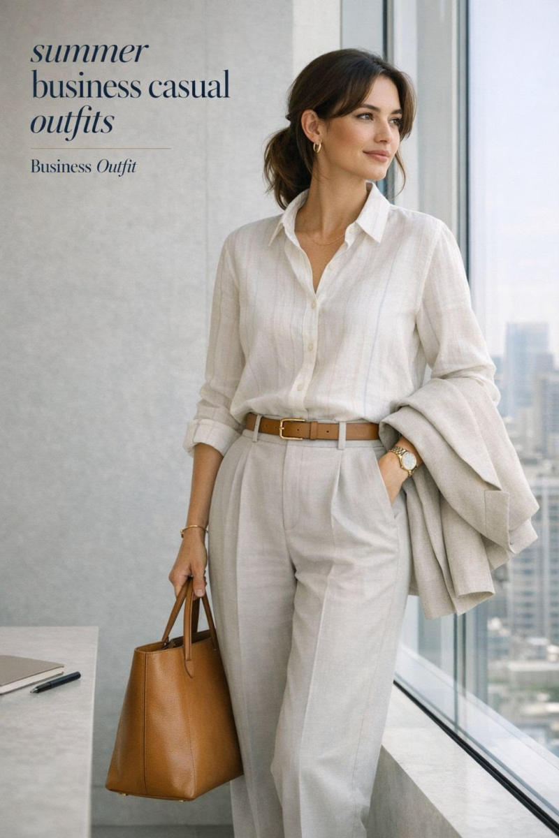 Summer linen business casual outfit.