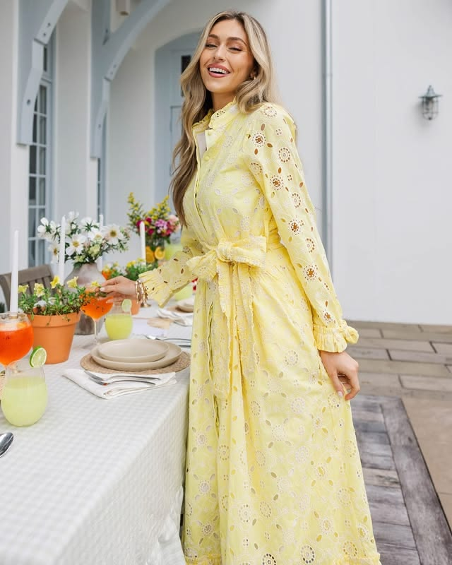 Yellow summer event eyelet dress outfit.