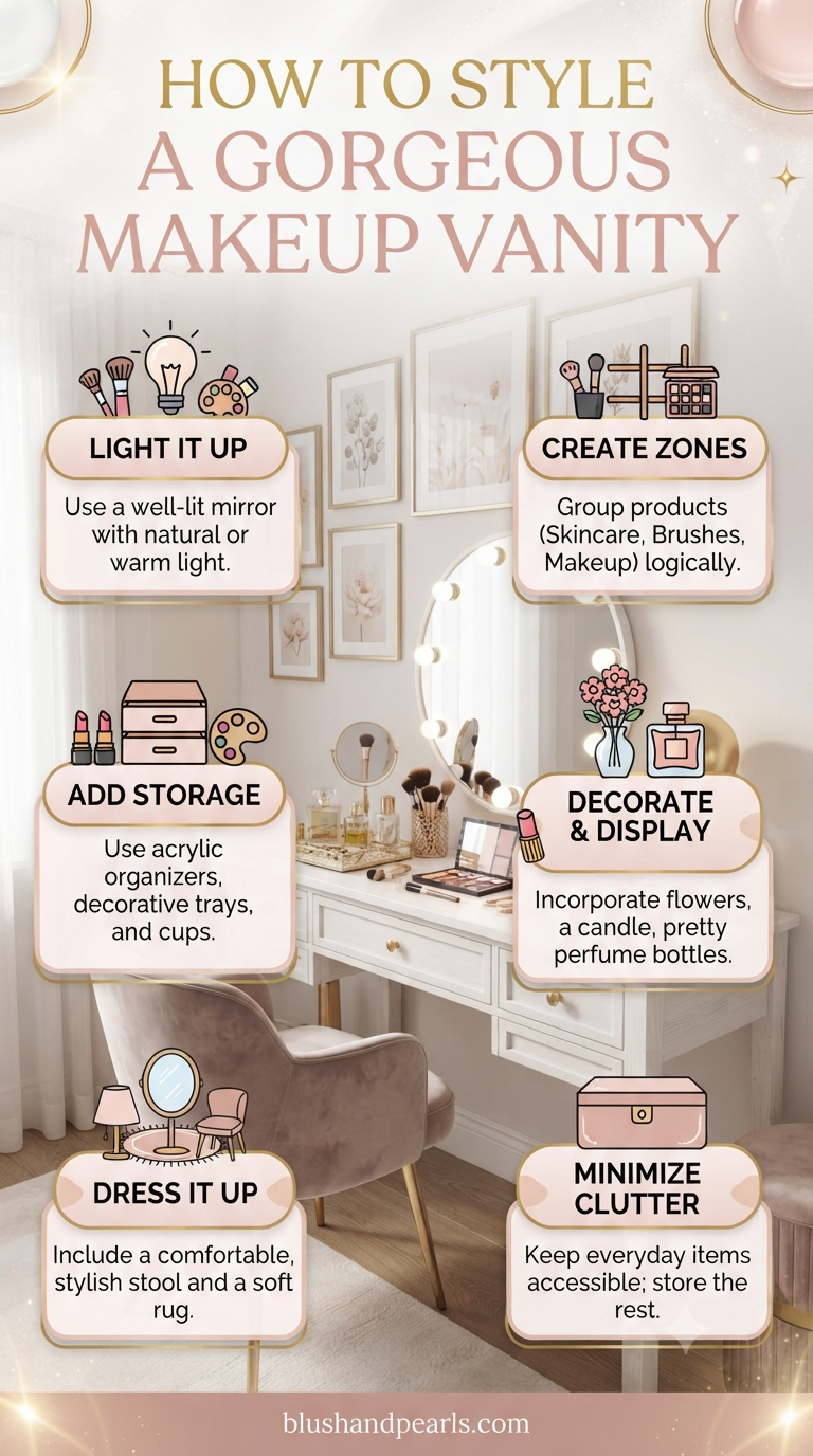 How to style a makeup vanity in a few easy steps. Learn how to style a makeup vanity in a few easy steps with this pin-worthy infographic to refer to and share with friends! Create the most perfect beauty room today!