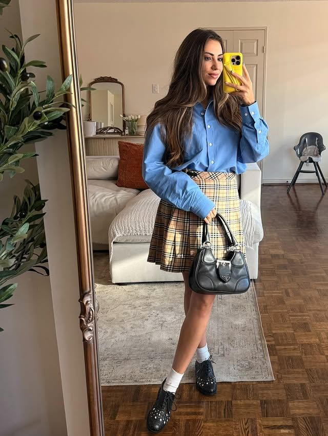 Button down shirt with plaid skirt preppy fall outfit
