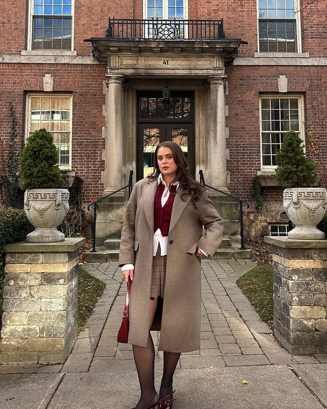 Wool coat with vest and plaid skirt preppy outfit idea for fall