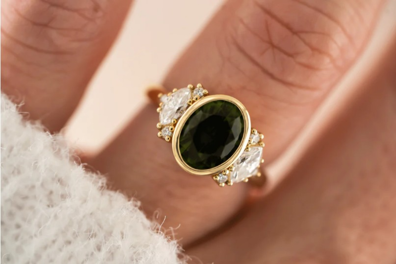 Bezel Oval Green Tourmaline gemstone engagement ring