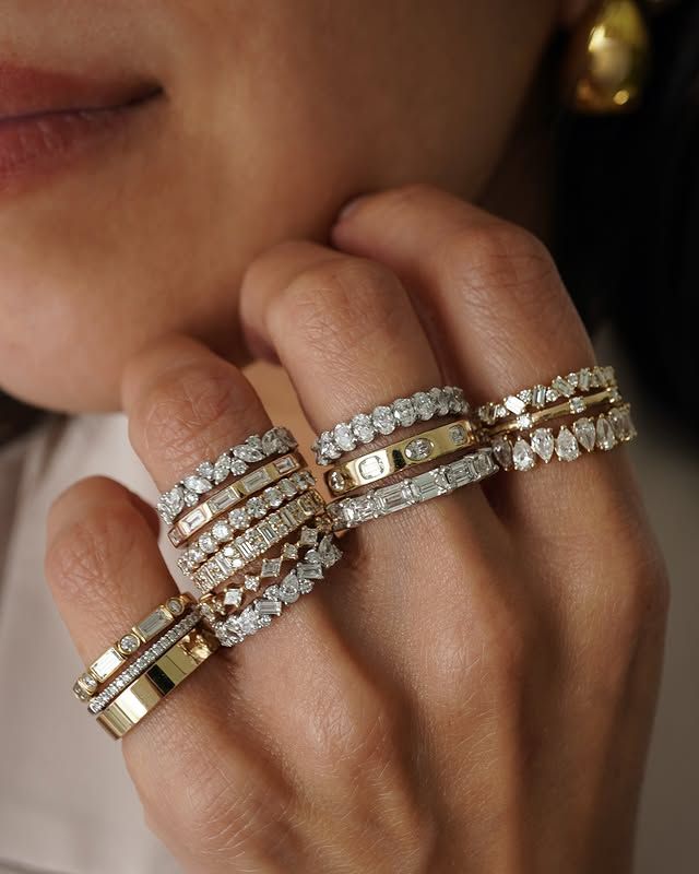 Mixed diamond cut wedding band stacks