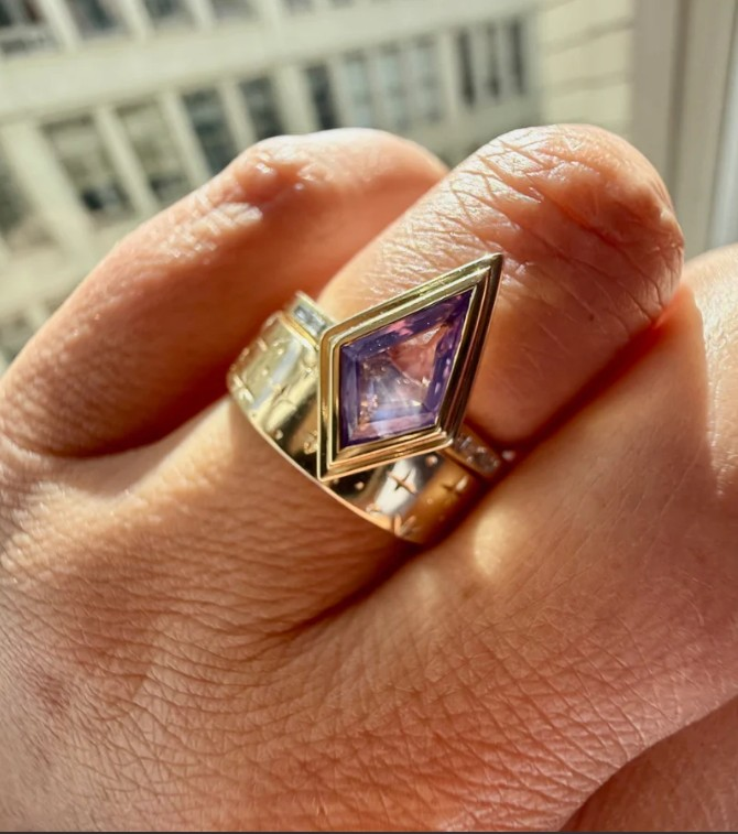 Purple colored gemstone engagement ring. Unique engagement rings. Kite cut engagement ring. Purple colored gemstone engagement ring. Unique engagement rings. Kite cut engagement ring.
