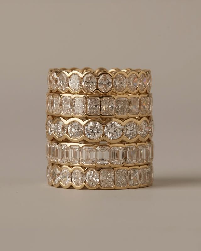 Yellow Gold bezel set diamond wedding band stack
