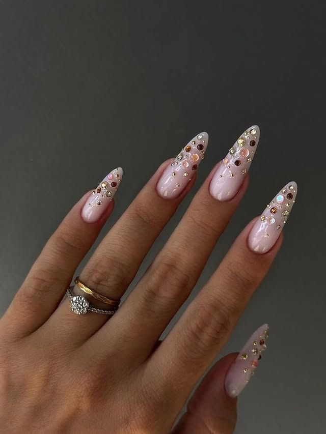 Pink new years eve almond nails with 3D acrylic crystals