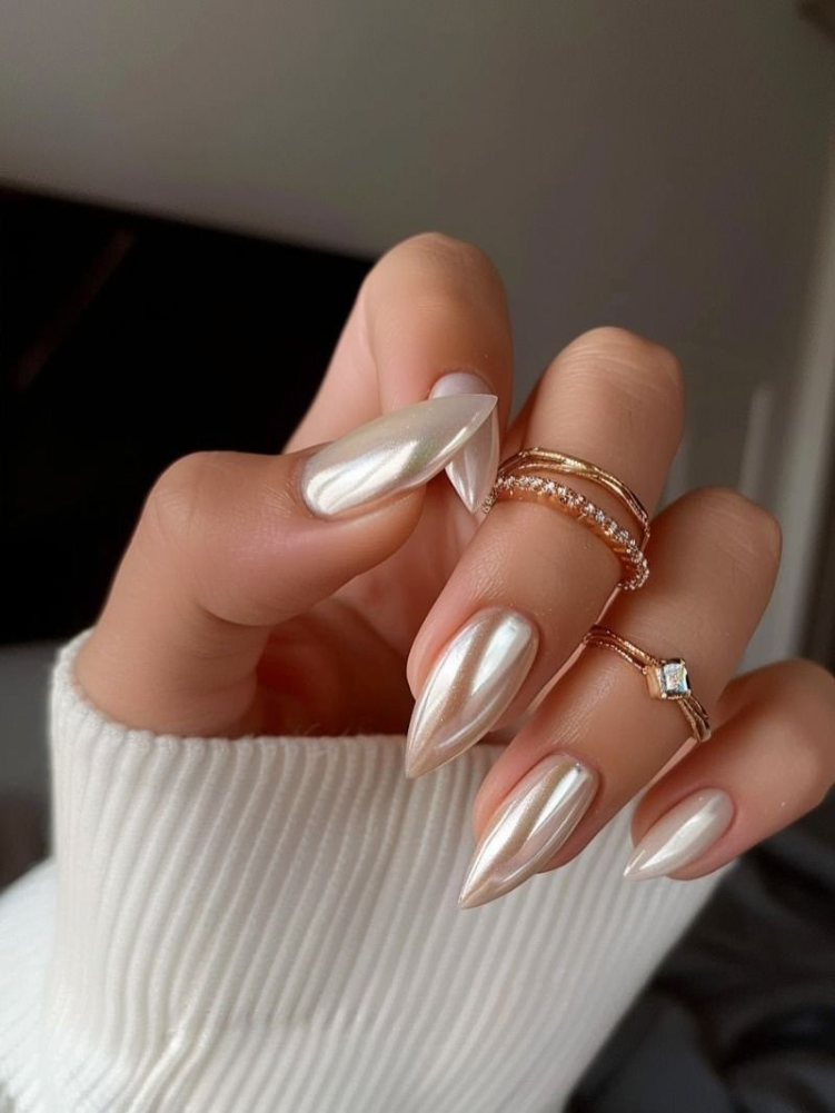 Chrome ivory bridal manicure.