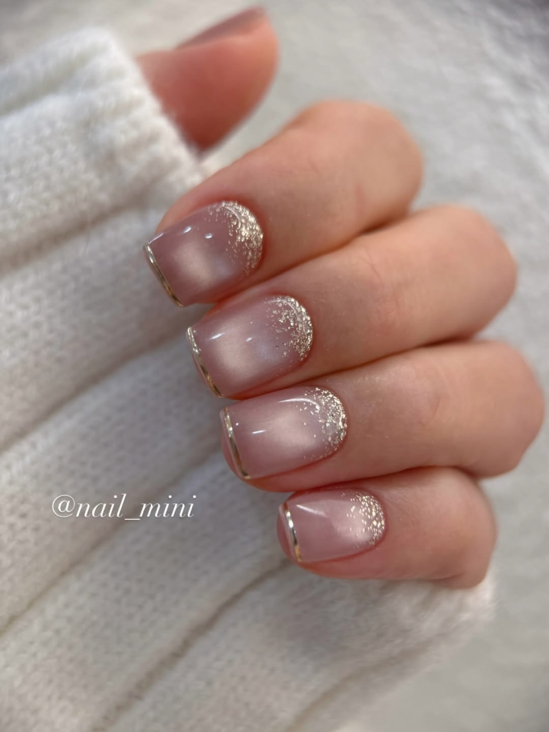 Nude pink glass bridal manicure short square nails. Nude pink glass bridal manicure short square nails.