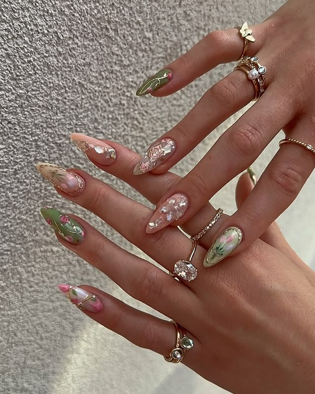 Acrylic green floral nails spring summer. Acrylic green floral nails spring summer.