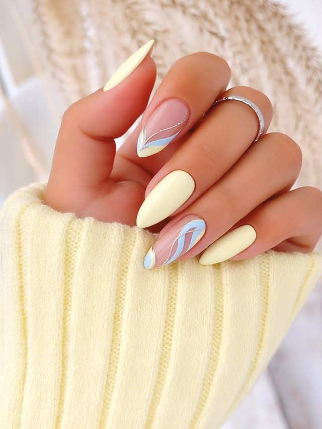 Butter yellow and blue nails for summer. Butter yellow and blue nails for summer.