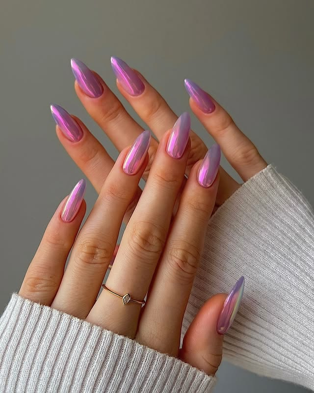 Pink and purple chrome ombre summer nails. Pink and purple chrome ombre summer nails.