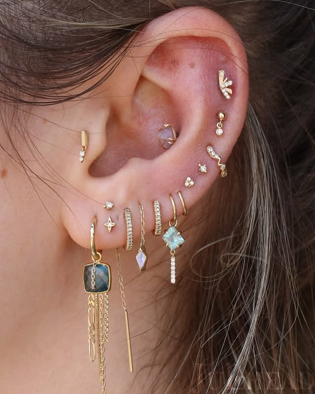 Earring piercings with hoops and studs. Earring piercings with hoops and studs.