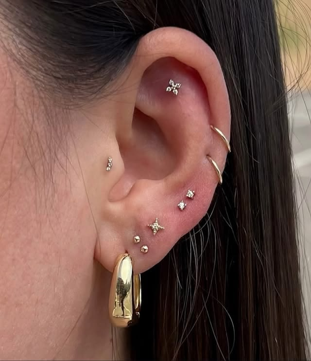 Small studs mixed with large hoop ear piercing stack. Small studs mixed with large hoop ear piercing stack.