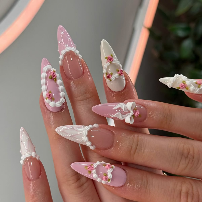 3d gel birthday nails with bows and frosting