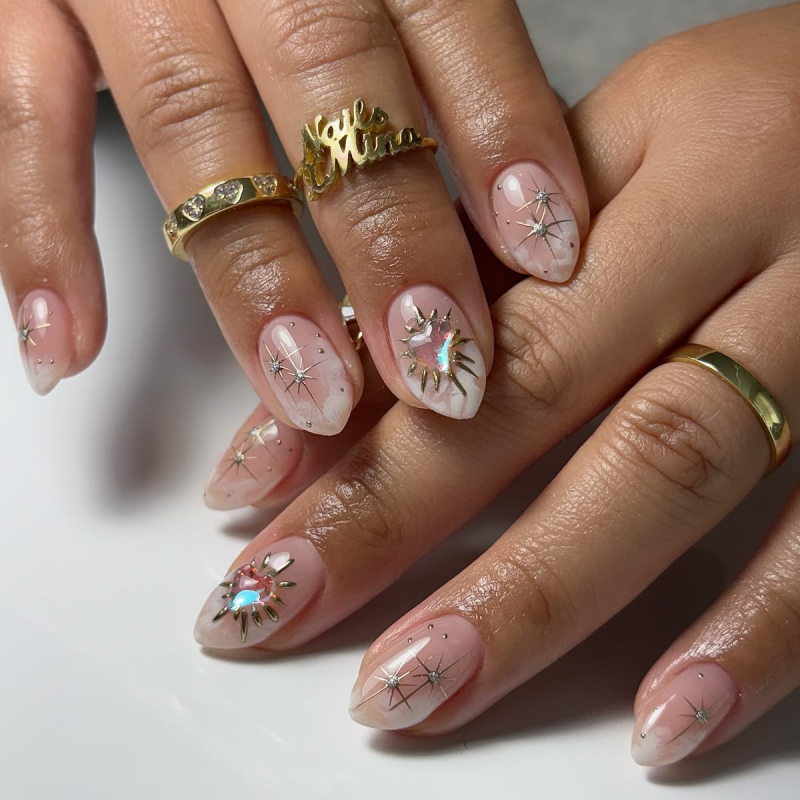 Pink celestial nails with stars and hearts for your birthday set.