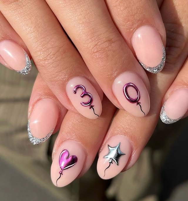 Birthday nail art featuring your age 30.