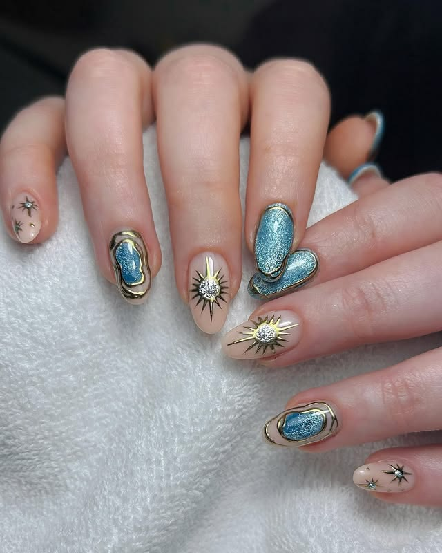 Celestial blue birthday nails.