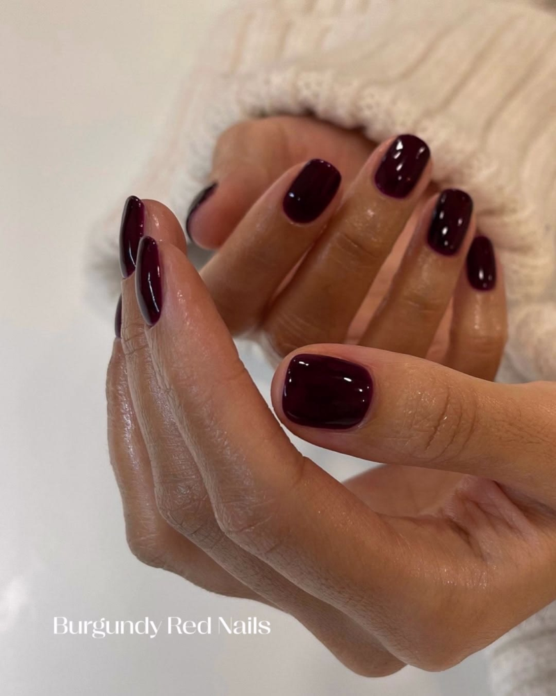 Burgundy red short fall nails