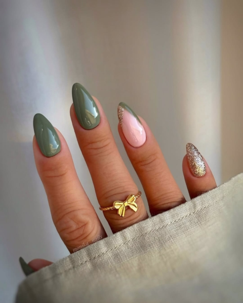 Olive green fall pointed nails