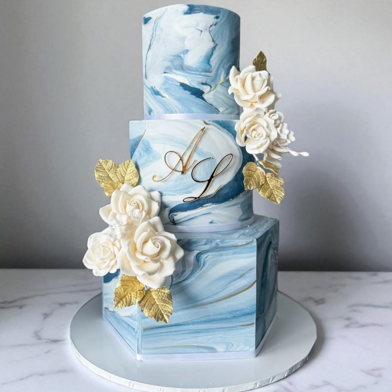 Blue marbled wedding cake with tiers. Blue marbled wedding cake with tiers.