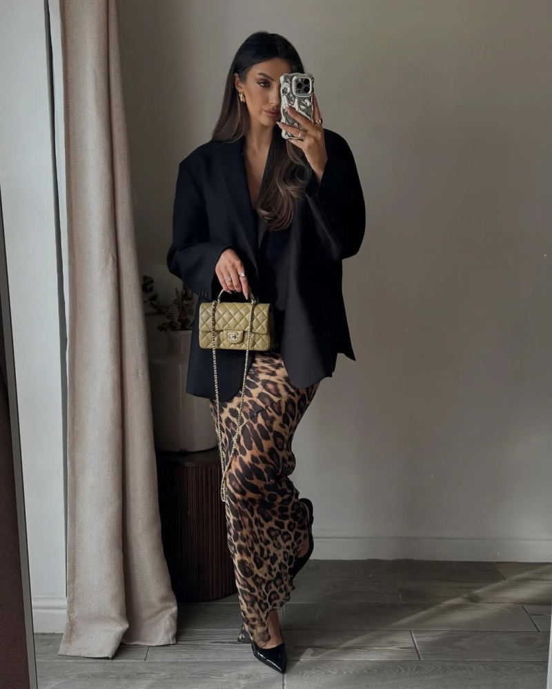 Blazer and skirt evening fall or spring date night outfit.
