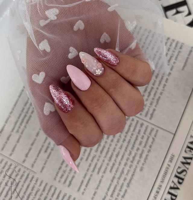 Pink glitter valentine nails