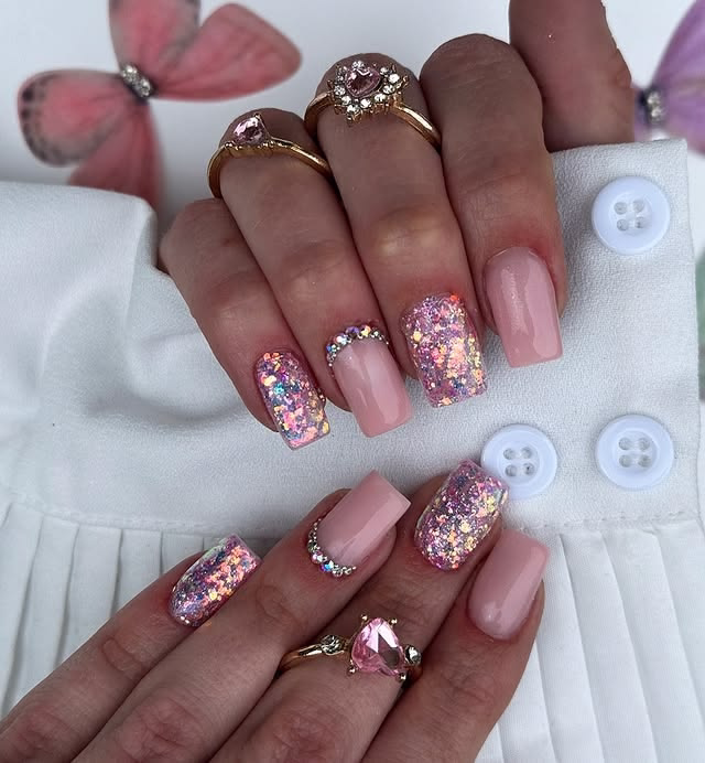 Pink square shaped glitter nails for prom or date night.
