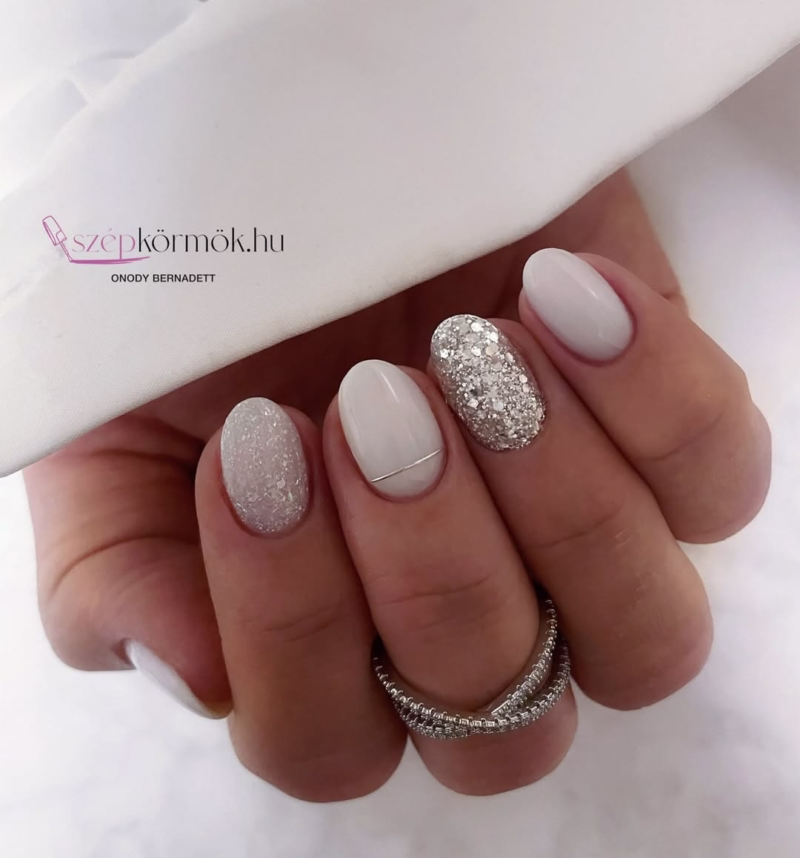 Silver and white glitter nails for wedding, bridal shower, prom and more special occasions.